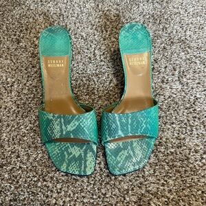 Stuart Weitzman Vintage Blue Green Croc Kitten Heel Mules